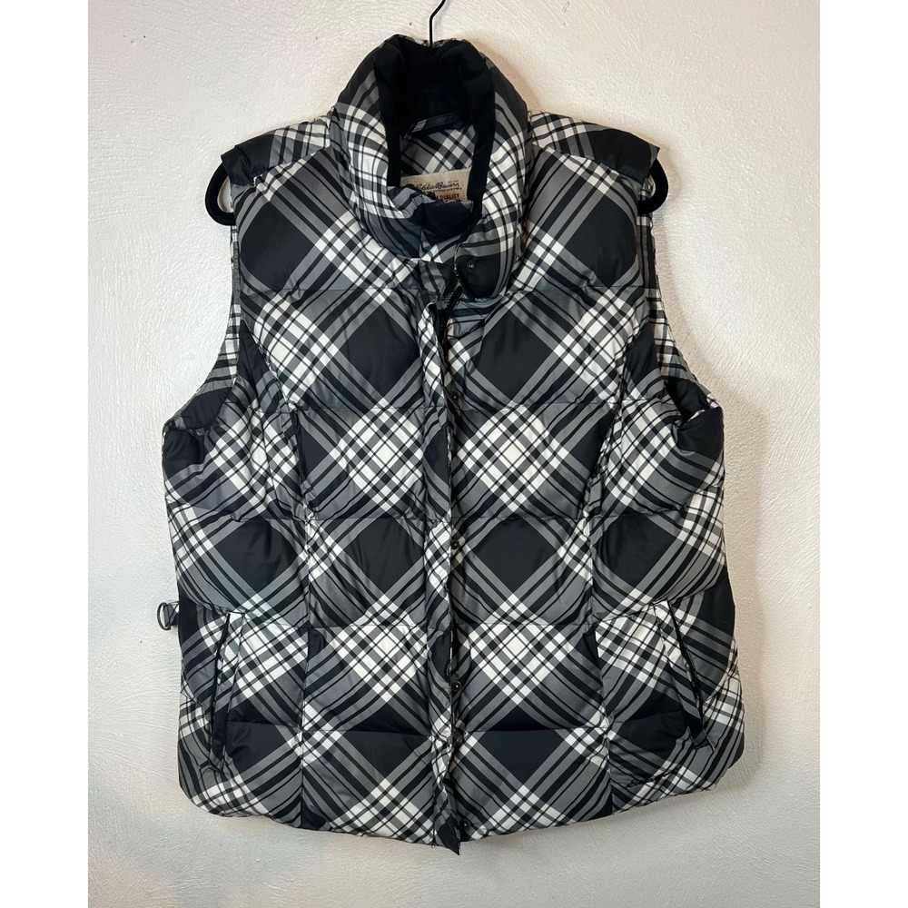 Eddie Bauer Goose Down Puffer Vest Womens XXL Black White Plaid Quilted D3056209